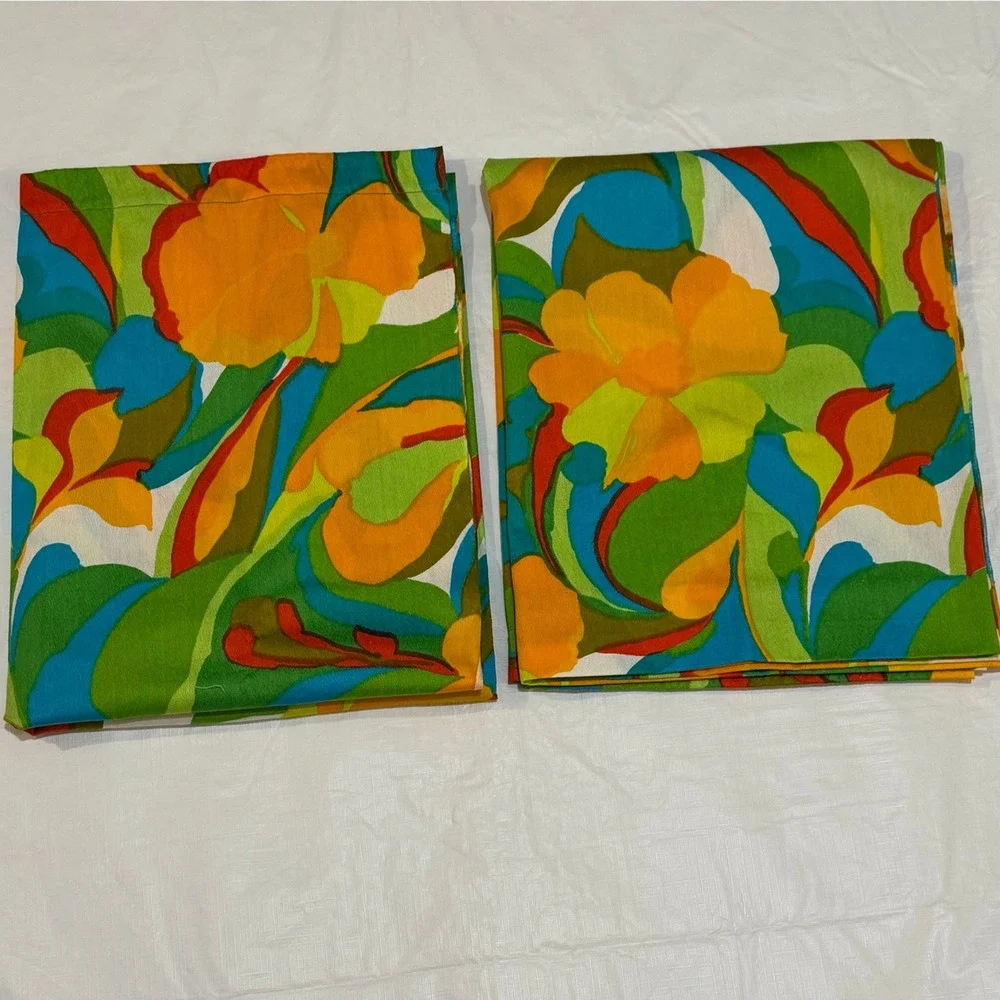 Colorful Floral Window Panels Set of 2 Orange Blue Green 27x40 Handmade Retro